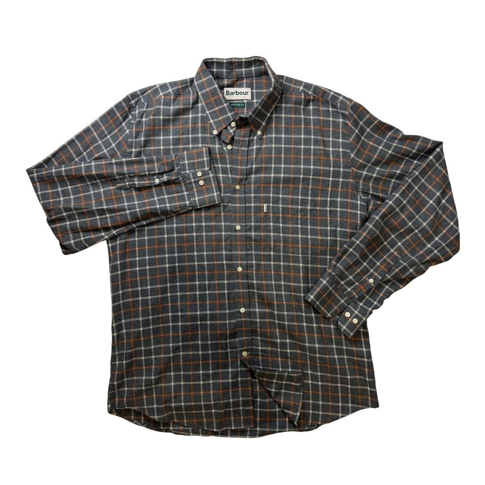 Barbour Rutland Grey Orange Plaid Regular Fit Button Down Shirt Mens Medium M